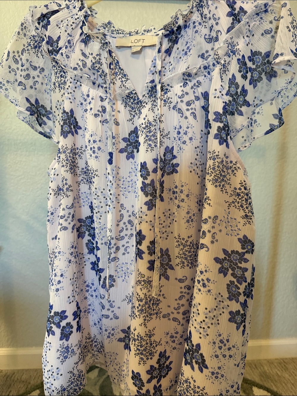 LOFT White & Blue Floral Ruffle Sleeve Tie-Front Blouse